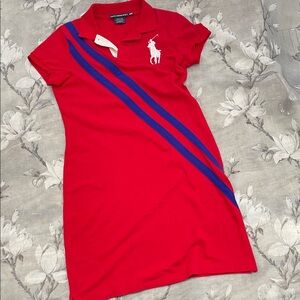 Ralph Lauren Red Polo Dress w/ Blue Diagonal Stripes Medium Preppy Chic Big Pony
